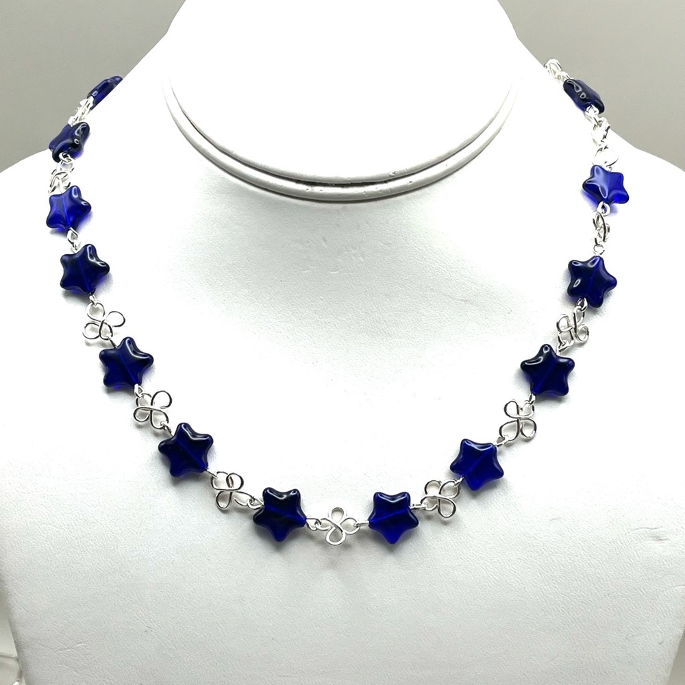 Sterling Silver Blue Star Glass Beaded Clover Chain Necklace